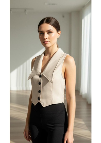 Kadın Bej Siyah Düğmeli Blazer Yelek