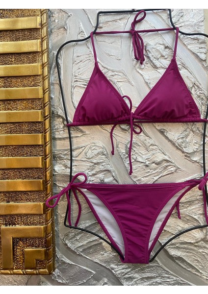 Kadın Likralı Esnek Yandan ve Boyundan Bağlamalı Şık Ipli Üçgen Bikini Takım
