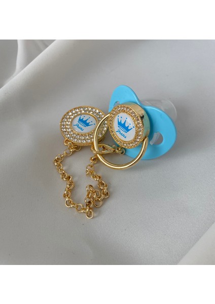 Altın Kaplama ''prenses” Yazılı Emzik Seti – Zirkon Taşlı Pembe ve Emzik Zincir