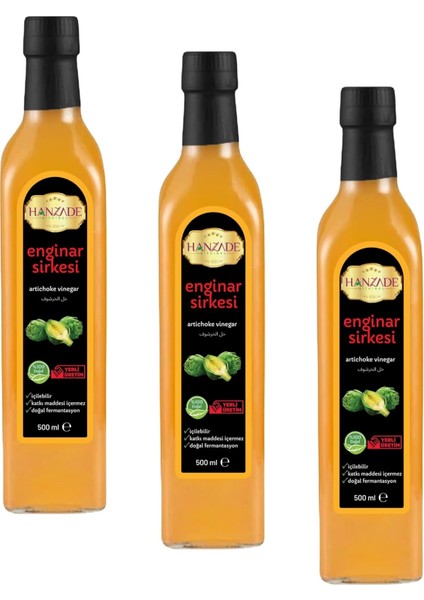 Hanzade Bitkisel Enginar Sirkesi 500 ml x 3 Adet Doğal Fermantasyon Içilebilir Katkısız Cam Şişe