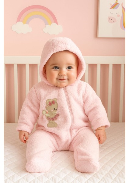 3-12 Ay Sevimli Hayvan Nakış Işlemeli Kapşonlu Fermuarlı Ekstra Yumuşak Welsoft Kuzu Tulum