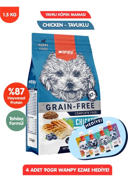 Hediyeli Tahılsız Tavuklu Yavru Köpek Maması 1,5 kg + 4lü Yaş Mama 90GR Hediyeli!