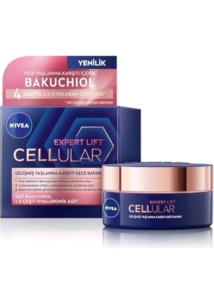 Nıvea Cellular Expert Lift Doğal Retinol Alternatifi Saf Bakuchiol ve Hyaluronik Asit Içeren Kırışıklık Karşıtı ve Nemlendirici Gece Kremi 50 ml
