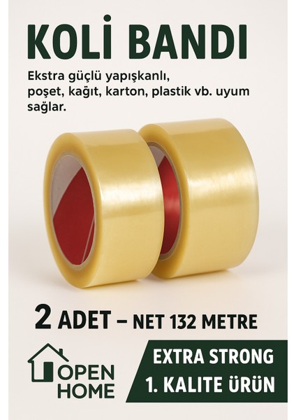 2 ADET-132 Metre Şeffaf Koli Bandı – Extra Strong 40 Micron Kalınlık, Güçlü Yapışkan