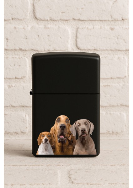 Uv Baskılı Desenli Metal Benzinli Siyah Çakmak Cep Çakmağı - Şaşkın Köpekler