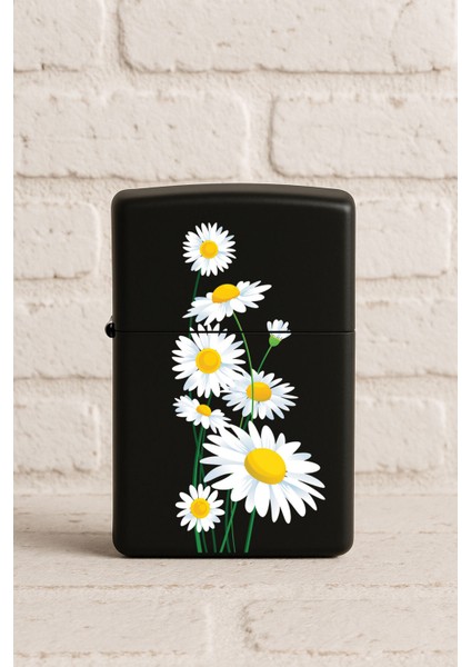 Uv Baskılı Desenli Metal Benzinli Siyah Çakmak Cep Çakmağı - Demet Papatya