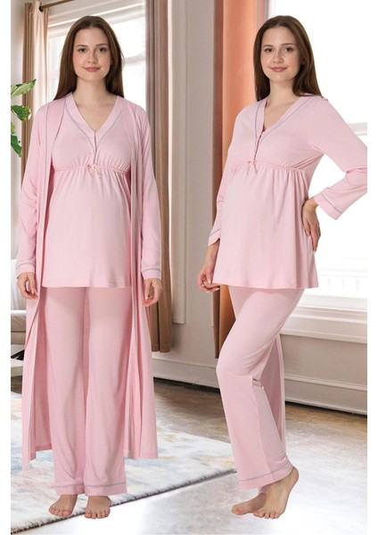 Effortt 4054 Biye Detaylı Sabahlıklı Lohusa Pijama Takımı