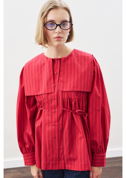 Geniş Yakalı Kuşaklı Gömlek Kırmızı Çizgili modelleri