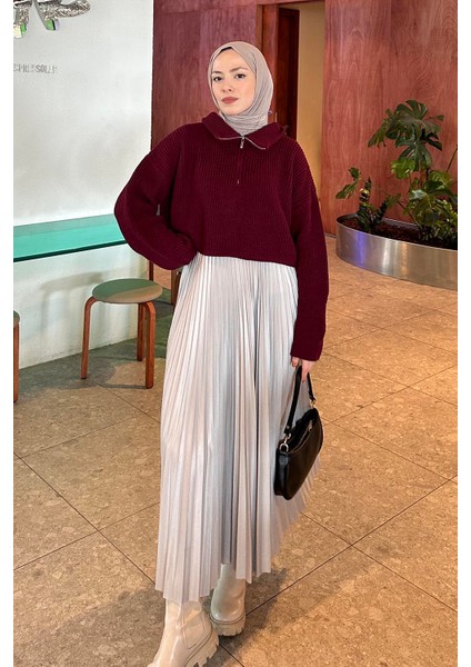 Yaka Fermuarlı Crop Triko Kazak Bordo