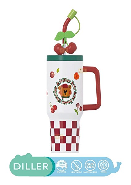 2 Adet Vagonlife Kulplu Çelik Termos Kiraz Desen 1200 cc