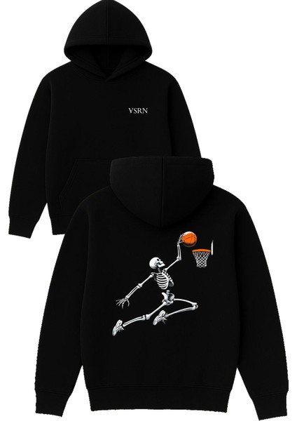 Iskelet Basketbolcu Tasarım Baskılı Oversize Siyah Kapüşonlu Sweatshirt