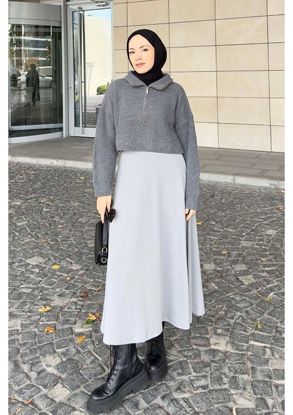 Yaka Fermuarlı Crop Triko Kazak Gri