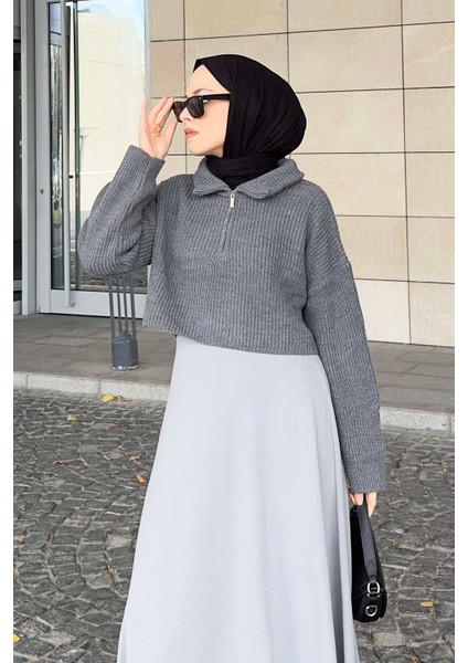 Yaka Fermuarlı Crop Triko Kazak Gri fiyatları