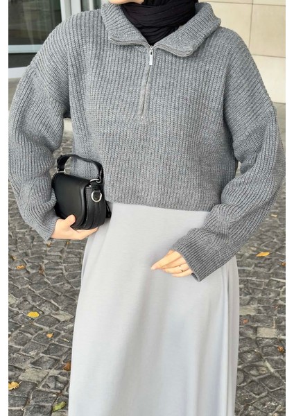 Yaka Fermuarlı Crop Triko Kazak Gri modelleri