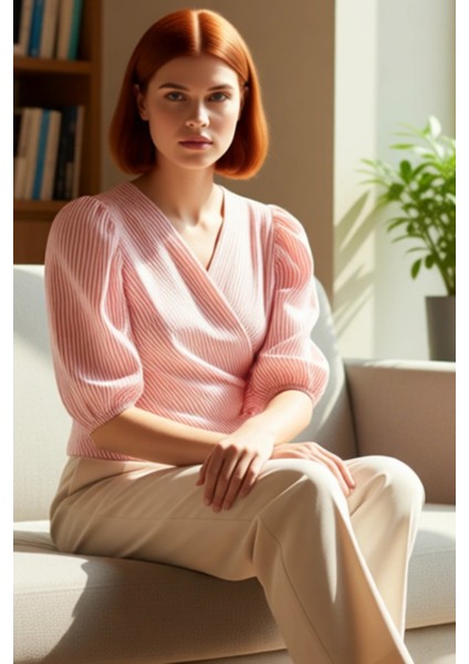 Yazlık Çok Çizgili V Yaka Bluz Dokuma Gofre Kumaş Balon Kol Özel Tasarım