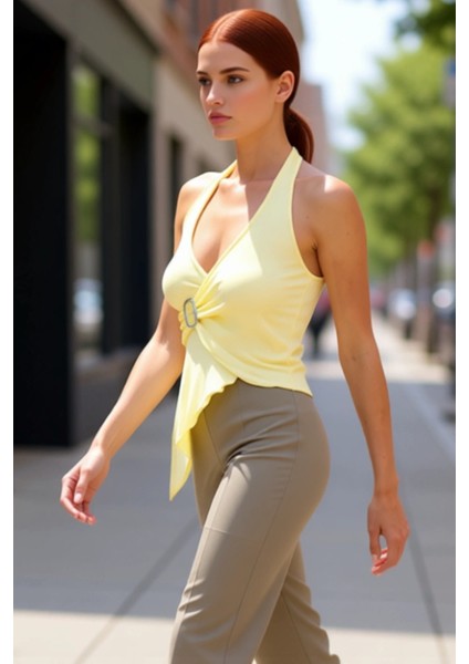 96% Viskoz 4% Elastan Kadın Örme Bluz Halter Yaka Fitted Yazlık Trend Tasarım fırsatları