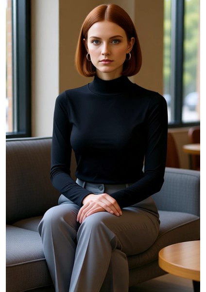 Kadın Moda Şık Regular Dik Yaka Slim Kalıp Örme Fitted Vücuda Oturan Kollu Fitilli Esnek Bluz