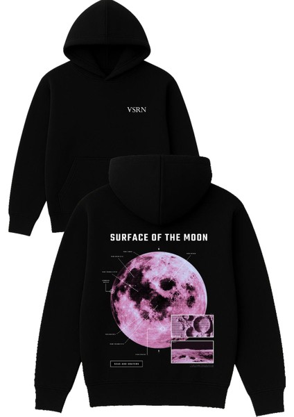 Surface Of The Moon Tasarım Baskılı Oversize Siyah Kapüşonlu Sweatshirt