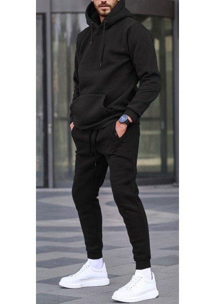 Punıx Büyük Beden Özel Tasarım Kapüşonlu Desensiz Düz Renk 3 Iplik %100 Pamuk Erkek Eşofman Takımı