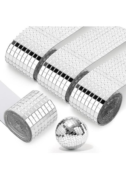 Disko Topu Yapma 4 Rulo Gümüş Aynalı Mozaik Taşlı Dekor Bant Kare Cam Ayna Taş Parti Takı Bandı fiyatları