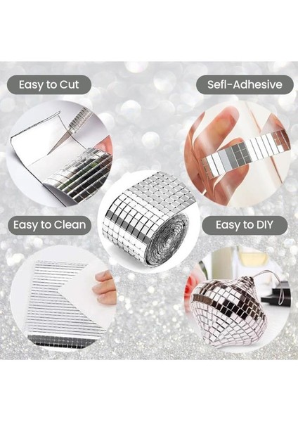 Disko Topu Yapma 4 Rulo Gümüş Aynalı Mozaik Taşlı Dekor Bant Kare Cam Ayna Taş Parti Takı Bandı indirimleri