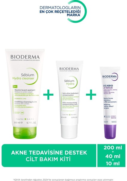 Asfstore Bioderma Sebium Izokit Set - Sebium Hydra Cleanser 200 ml + Sebium Hydra 40 ml + Cicabio Lip Repair 10 ml