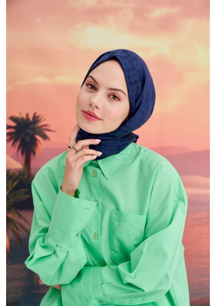 Çiçek Desen Jakar Italyan Ipekli Şal Lacivert