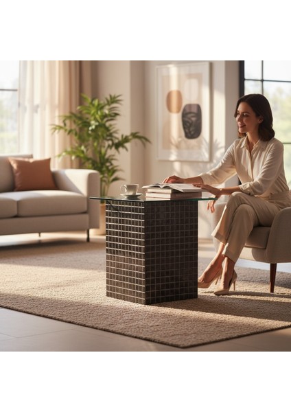 El Yapımı Siyah Mozaik Kaplamalı Cam Üst Sehpa – Modern & Şık Yan Sehpa Tasarımı (26 x 45) fiyatları