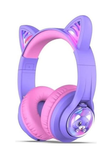 Kedi Kulaklı LED Işıklı Güvenli Ses Sınırlı 45 Saat Oynatma Süreli Bluetooth Çocuk Kulaklığı Mor modelleri