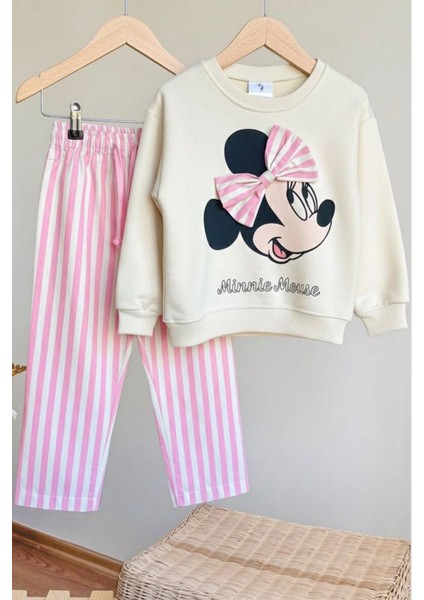 Mnn Fiyonk Detaylı Çizgi Detaylı Kız Çocuk 2 li takım - Pembe