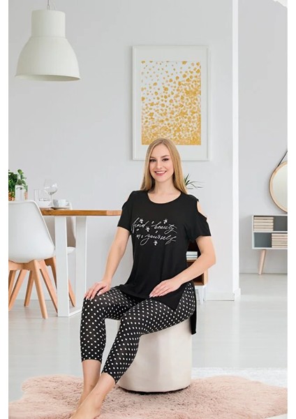 Lady Lingerie Omuz Detaylı Puantiyeli Kapri Taytlı Kadın Takım