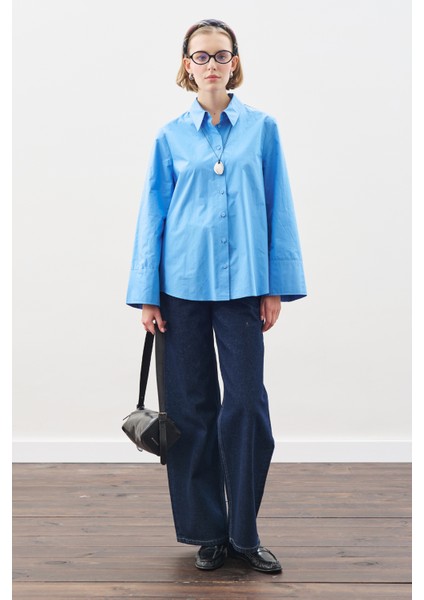 Geniş Manşetli Klasik Gömlek Mavi