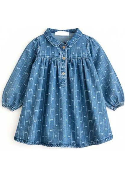 Kalp Baskılı Kız Çocuk Soft kot elbise - Mavi