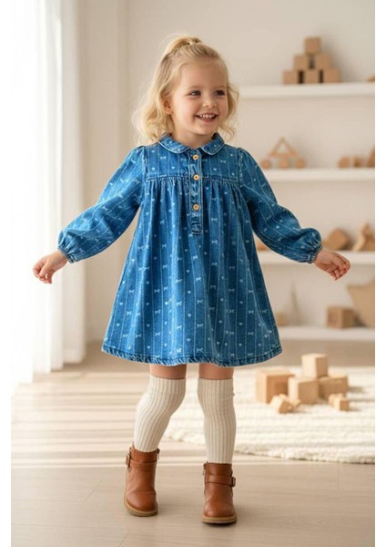 Kalp Baskılı Kız Çocuk Soft kot elbise - Mavi fiyatları