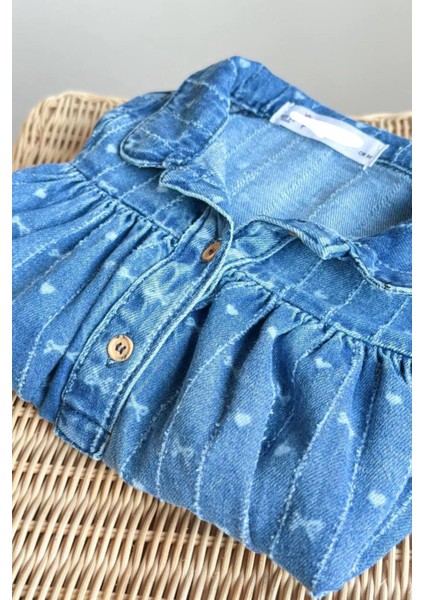 Kalp Baskılı Kız Çocuk Soft kot elbise - Mavi modelleri