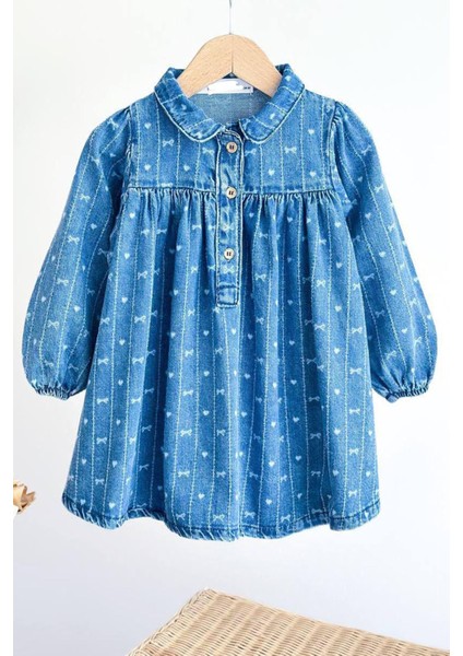 Kalp Baskılı Kız Çocuk Soft kot elbise - Mavi indirimleri