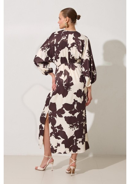 Ekru-Kahve Yaka Detaylı Desenli Rahat Kesim Midi Boy Elbise indirimleri
