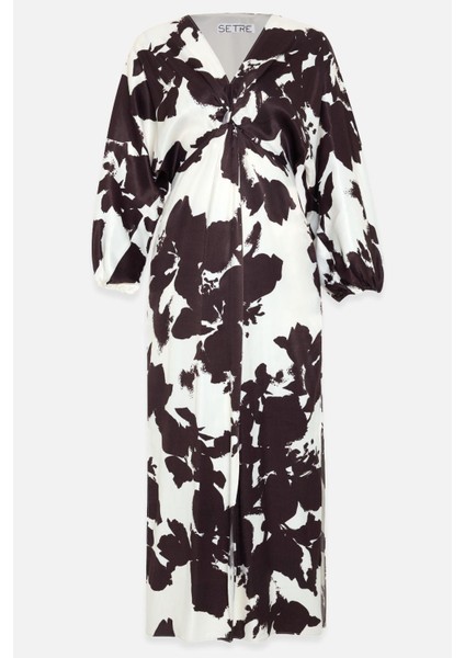 Ekru-Kahve Yaka Detaylı Desenli Rahat Kesim Midi Boy Elbise