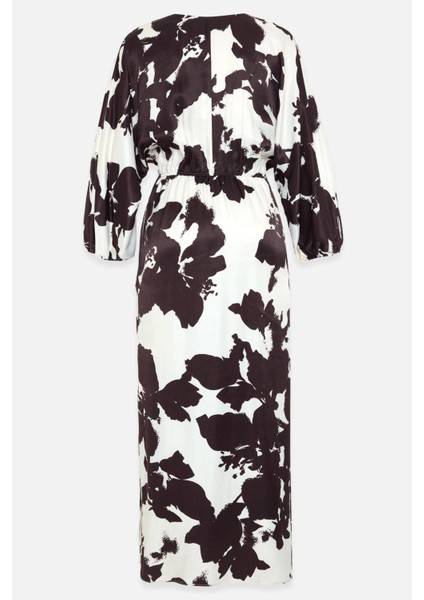 Ekru-Kahve Yaka Detaylı Desenli Rahat Kesim Midi Boy Elbise