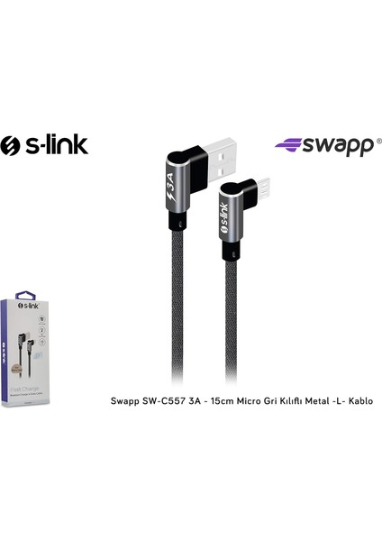 SW-C557 3A - 15CM Micro Gri Kılıflı Metal -L- Kablo