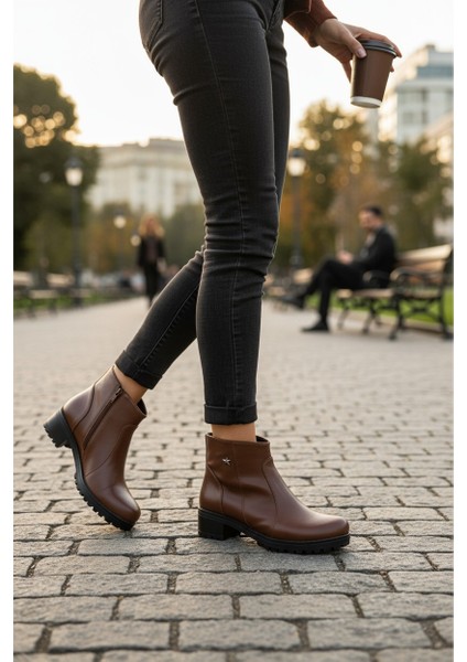 Modesa Hakiki Deri Kahverengi Yıldızlı Fermuarlı Kadın Bot VK_0007 fiyatları