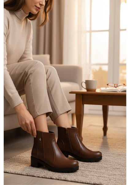 Modesa Hakiki Deri Kahverengi Yıldızlı Fermuarlı Kadın Bot VK_0007 modelleri