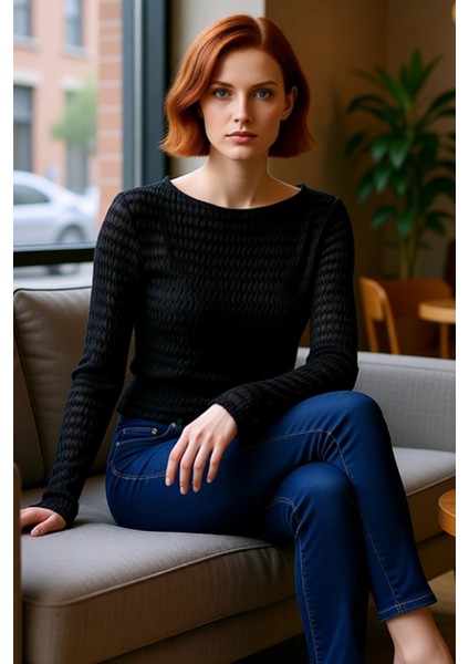 Kadın Moda Şık Regular Bisiklet Yaka Slim Kalıp Örme Fitted Vücuda Oturan Dokulu Tül Esnek Bluz