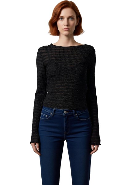 Kadın Moda Şık Regular Bisiklet Yaka Slim Kalıp Örme Fitted Vücuda Oturan Dokulu Tül Esnek Bluz fiyatları