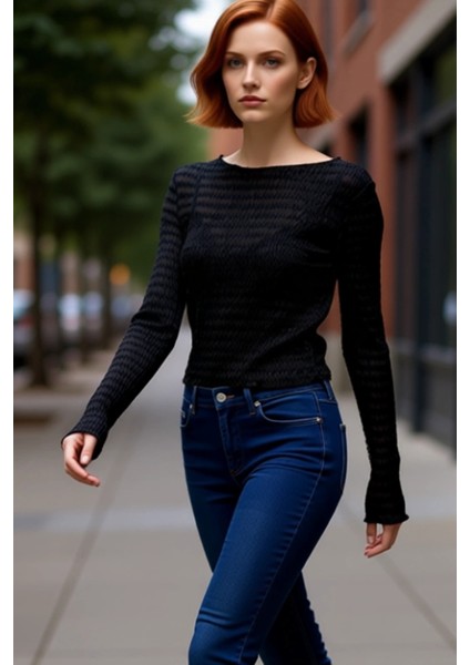 Kadın Moda Şık Regular Bisiklet Yaka Slim Kalıp Örme Fitted Vücuda Oturan Dokulu Tül Esnek Bluz fırsatları