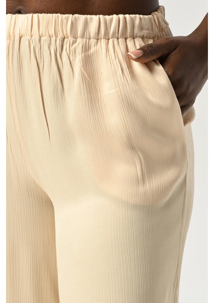 Kadın Beli Lastikli Bol Paça Düz Renk Viskon Kumaş Pantolon modelleri