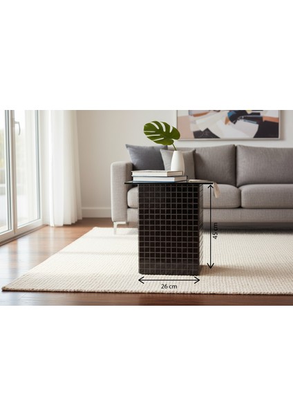 El Yapımı Siyah Mozaik Kaplamalı Cam Üst Sehpa – Modern & Şık Yan Sehpa Tasarımı (26 x 45)