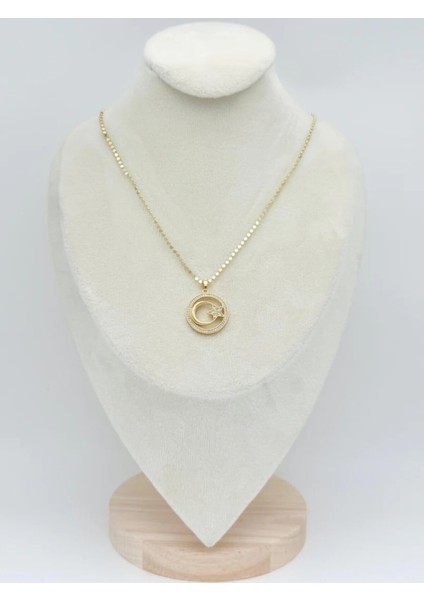 Zirkon Taşlı Ay Yıldız Figürlü Gold Renk Çelik Kolye