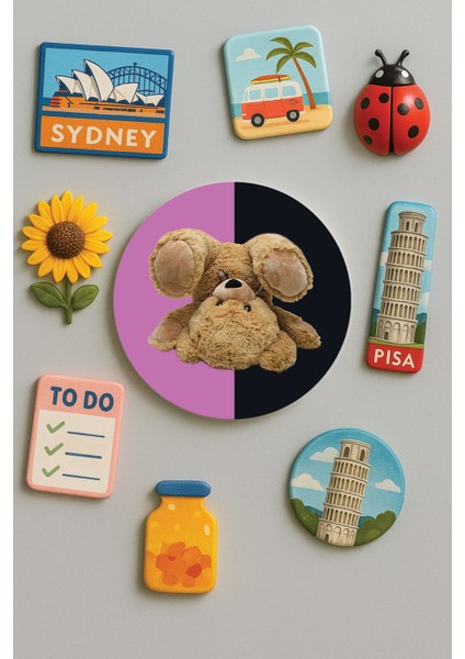 Modern ve Dekoratif Yuvarlak Buzdolabı Magneti Magnet Büyük Boy 10X10 cm - Peluş Ayıcık