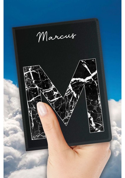 Isim Yazılı Pasaport Kılıfı Desenli Pasaport Kabı Kişiye Özel - M Harfi Mermer